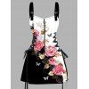 Robe de vacances à lacets, motif de feuilles et de papillons, à contraste de couleurs, à demi-fermeture éclair, à œillets, à bretelles et à boucle, coupe trapèze - Noir XXL | US 14