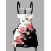Robe de vacances à lacets, motif de feuilles et de papillons, à contraste de couleurs, à demi-fermeture éclair, à œillets, à bretelles et à boucle, coupe trapèze - Noir XXL | US 14