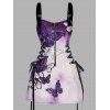 Robe gothique à lacets et motif papillon ombré, demi-fermeture éclair, œillets, sangle à boucle, mini robe de vacances trapèze - Pourpre XXL | US 14