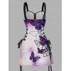 Robe gothique à lacets et motif papillon ombré, demi-fermeture éclair, œillets, sangle à boucle, mini robe de vacances trapèze - Pourpre XXL | US 14