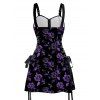 Robe gothique à lacets et motif de feuilles de rose sur toute la surface, demi-fermeture éclair, œillets, sangle à boucle, robe de vacances trapèze mini - Noir XXL | US 14