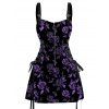 Robe gothique à lacets et motif de feuilles de rose sur toute la surface, demi-fermeture éclair, œillets, sangle à boucle, robe de vacances trapèze mini - Noir XXL | US 14