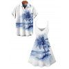 Vacation Couple Outfit Tie Dye Ocean Coconut Tree Print Spaghetti Strap Tank Dress and Button Up Shirt Beach Matching Outfit - Bleu S | US 4