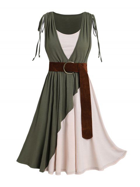 Robe 2 en 1 décontractée à taille haute et sans manches, avec ceinture à anneaux et épaules cintrées et colorblock