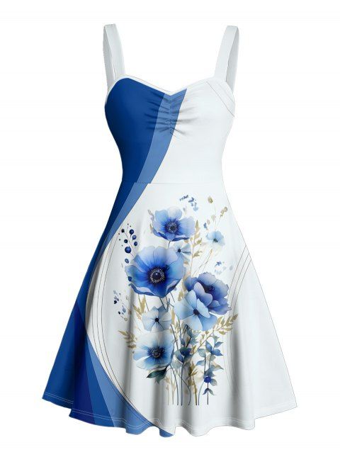 Robe de mariée à motif floral colorblock, robe de vacances décontractée à bretelles spaghetti, col en V, coupe trapèze, mini
