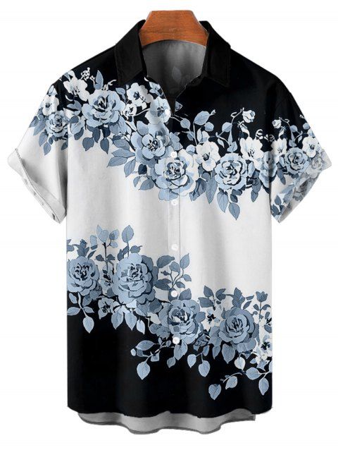 Chemise de vacances à motif floral et feuilles contrastées pour homme, boutonnée, retroussée, manches courtes, décontractée