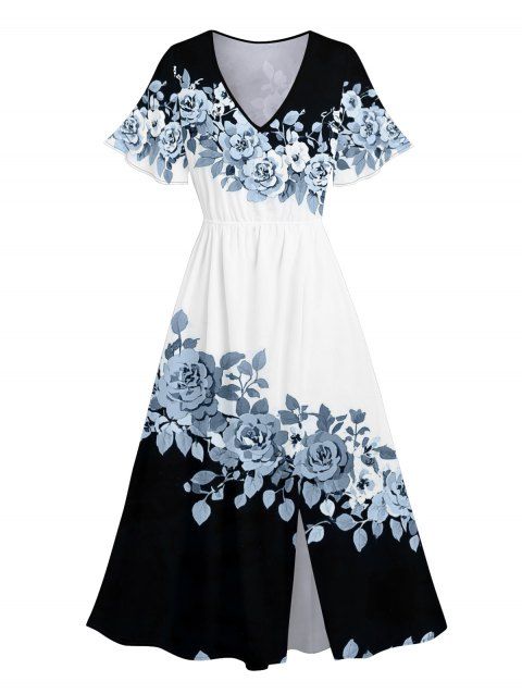 Robe de vacances fendue à motif floral et feuilles de couleur contrastée, manches évasées, col en V, coupe trapèze, mi-longue, décontractée