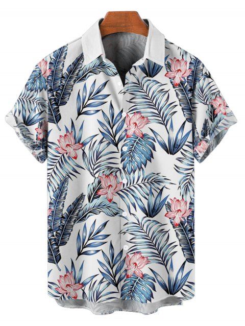 Chemise de mariage à motif floral et feuilles pour homme, décontractée, boutonnée, retroussée, manches courtes, motif plante tropicale