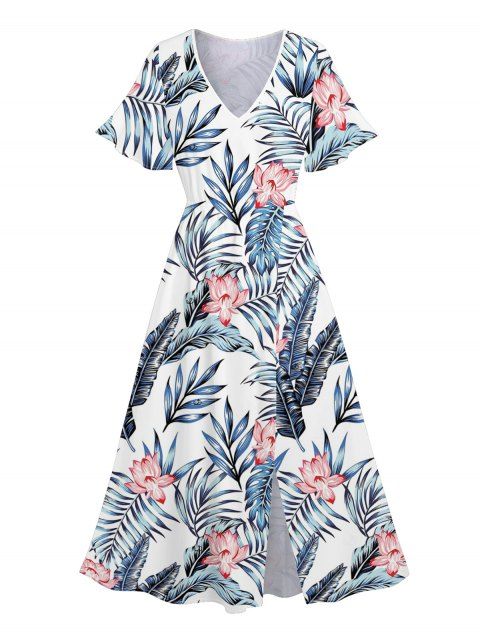 Robe de mariée à motif floral et feuilles, fendue, style tropical, manches évasées, col en V, coupe trapèze, mi-longue, décontractée