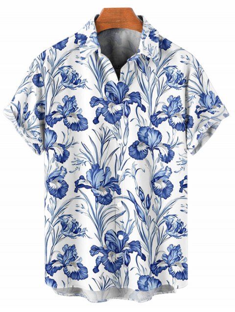 Chemise de vacances à motif floral et feuilles pour homme, boutonnée, retroussée, manches courtes, décontractée