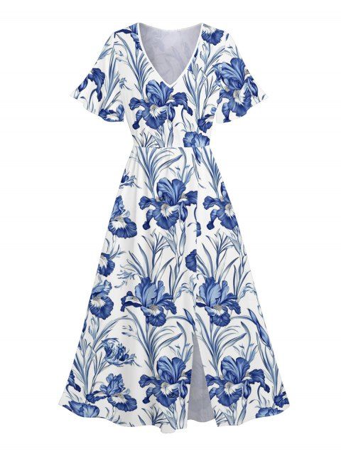 Robe de vacances fendue à motif floral et feuilles, manches évasées, col en V, coupe trapèze, mi-longue, décontractée
