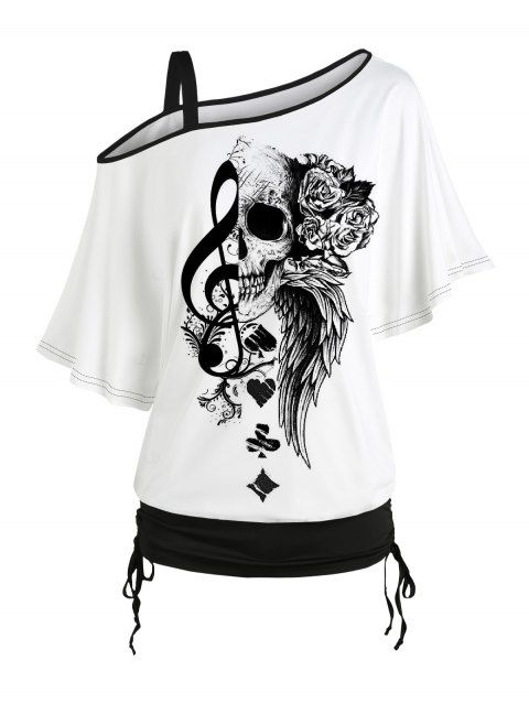 T-shirt gothique à col incliné et manches mi-chauve-souris, motif tête de mort, aile de rose, note de musique, éléments de cartes à jouer, haut de vacances cintré