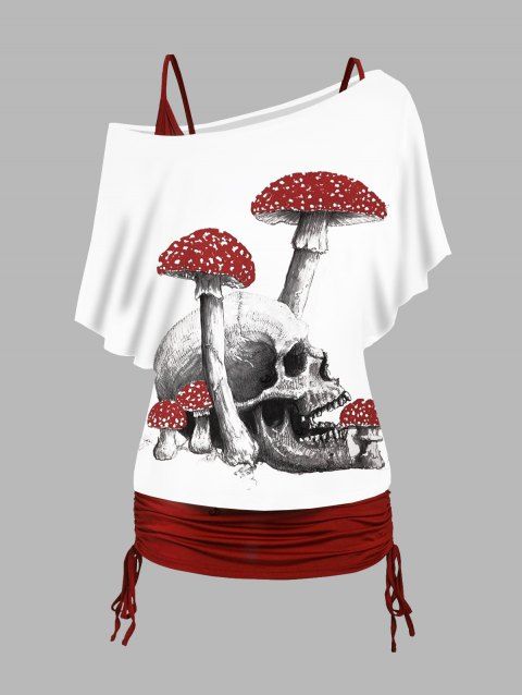 Ensemble haut colorblock à motif tête de mort champignon, t-shirt gothique à manches chauve-souris et col incliné et débardeur uni à bretelles spaghetti