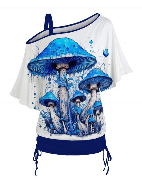 T-shirt 2 en 1 style gothique imprimé champignon, col asymétrique, manches chauve-souris, coupe cintrée, idéal pour les vacances