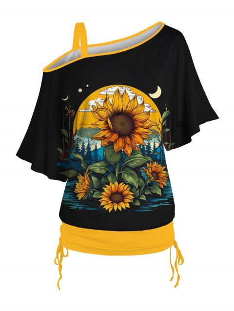T-shirt 2 en 1 à col en V et manches chauve-souris, motif tournesol et lune, effet imitation twinset