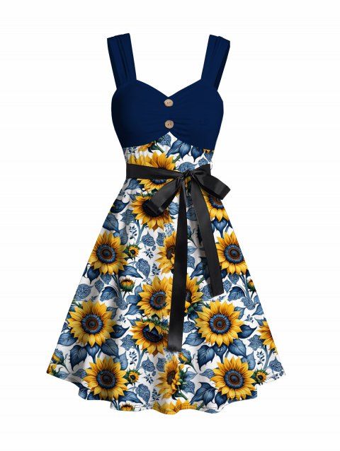 Robe de vacances à motif de feuilles de tournesol, boutonnage factice, buste froncé, ceinture, taille empire, robe trapèze mini décontractée