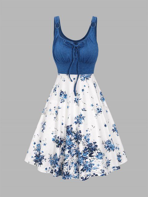 Mini Robe Fleur Imprimée en Couleur Contrastée sans Manches à Volants