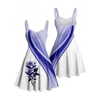 Rose Colorblock Geometric Pattern Ruched Bust Vacation Dress Sweetheart Neck A Line Mini Casual Dress