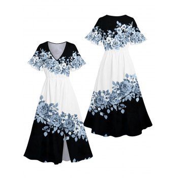Contrast Color Floral Leaf Pattern Slit Vacation Dress Flare Sleeve V Neck A Line Midi Casual Dress