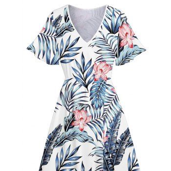 Wedding Allover Floral Leaf Pattern Slit Vacation Dress Tropical Plant Flare Sleeve V Neck A Line Midi Casual Dress