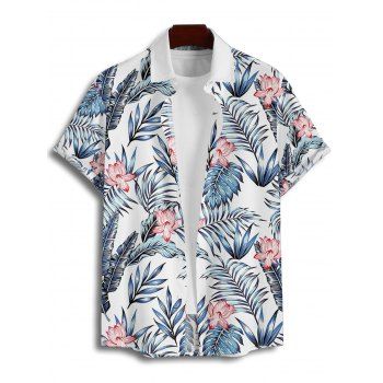 Wedding Couple Outfit Allover Floral Leaf Pattern Slit Tropical Plant Flare Sleeve Dress and Button Up Shirt Vacation Matching Outfit