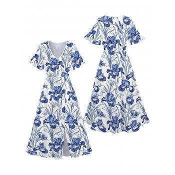 Allover Flower Leaf Pattern Slit Vacation Dress Flare Sleeve V Neck A Line Midi Casual Dress