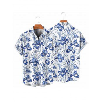 Vacation Couple Outfit Allover Flower Leaf Pattern Slit Flare Sleeve Dress and Button Up Shirt Casual Matching Outfit
