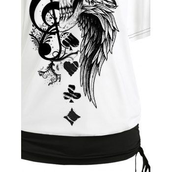 Skulls Rose Wing Music Note Playing Card Elements Pattern Skew Neck Gothic T-Shirt Half Batwing Sleeve Cinched Holiday Top