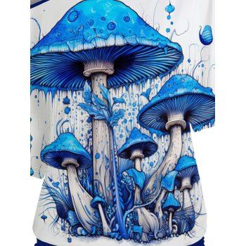 Mushroom Printed Gothic Faux Twinset T-shirt Skew Neck Batwing Sleeve Cinched Vacation 2 In 1 Top