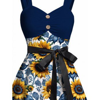 Sunflower Leaf Pattern Mock Button Ruched Bust Vacation Dress Belt Empire Waist A Line Mini Casual Dress