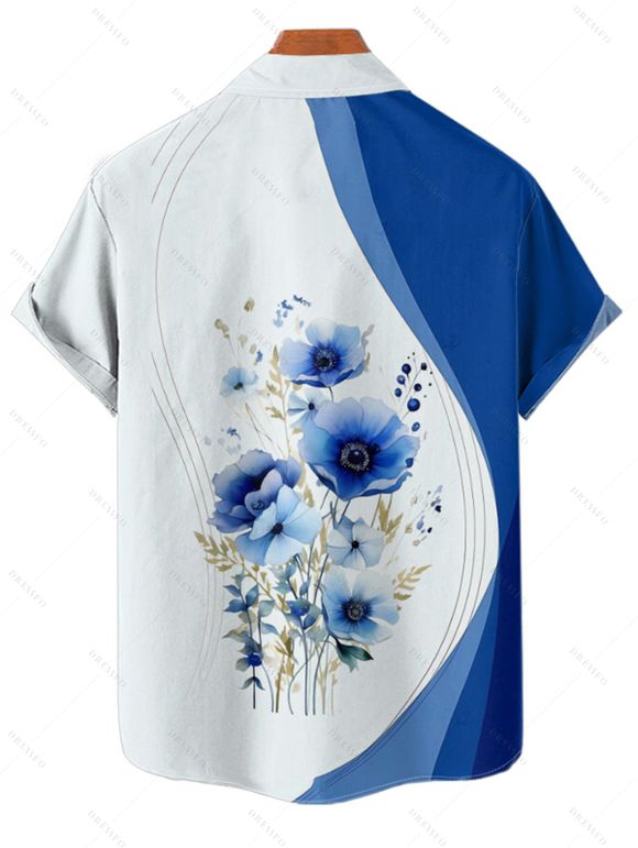 Chemise de mariage à manches courtes et col boutonné pour homme, motif floral et feuilles, style décontracté - Bleu 4XL