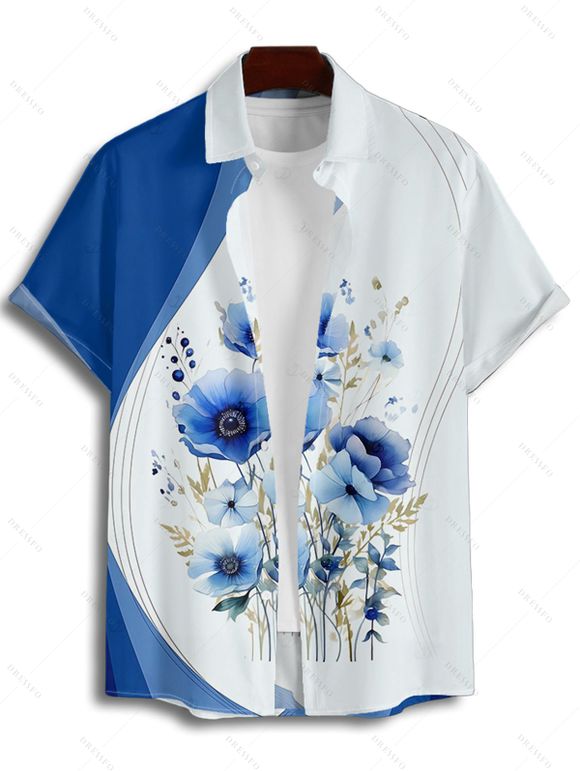 Chemise de mariage à manches courtes et col boutonné pour homme, motif floral et feuilles, style décontracté - Bleu 4XL