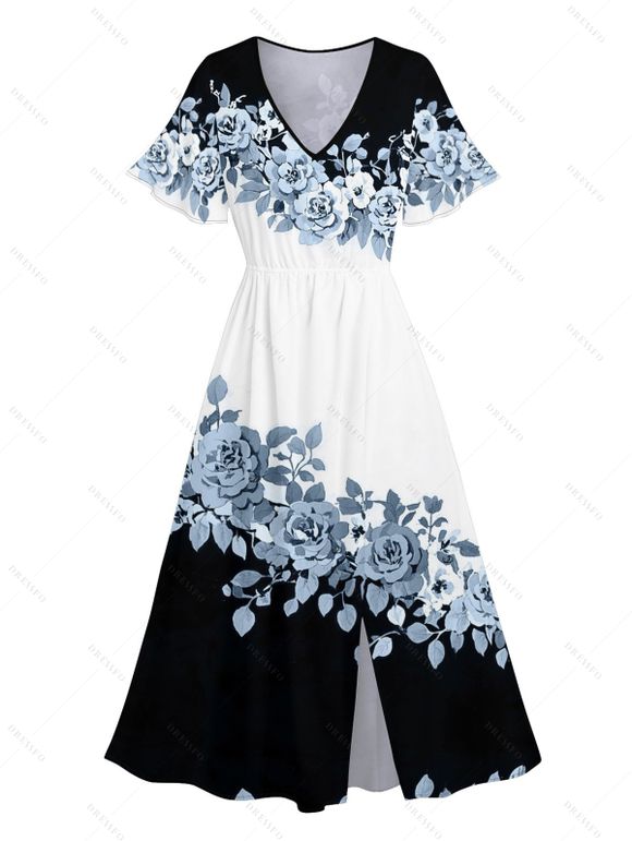 Robe de vacances fendue à motif floral et feuilles de couleur contrastée, manches évasées, col en V, coupe trapèze, mi-longue, décontractée - Noir S | US 4