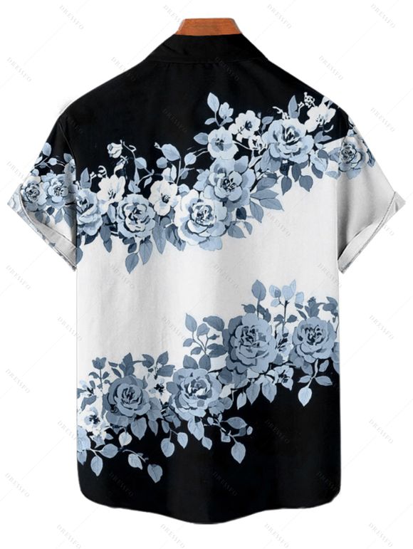 Chemise de vacances à motif floral et feuilles contrastées pour homme, boutonnée, retroussée, manches courtes, décontractée - Noir 4XL