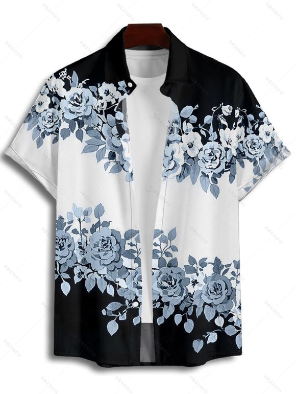 Chemise de vacances à motif floral et feuilles contrastées pour homme, boutonnée, retroussée, manches courtes, décontractée - Noir 4XL