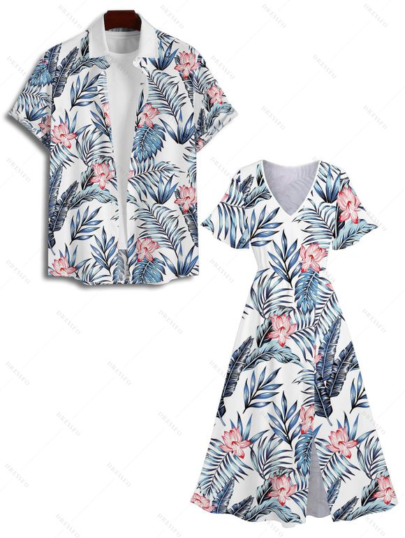 Wedding Couple Outfit Allover Floral Leaf Pattern Slit Tropical Plant Flare Sleeve Dress and Button Up Shirt Vacation Matching Outfit - Bleu S | US 4