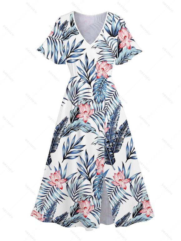 Wedding Couple Outfit Allover Floral Leaf Pattern Slit Tropical Plant Flare Sleeve Dress and Button Up Shirt Vacation Matching Outfit - Bleu S | US 4