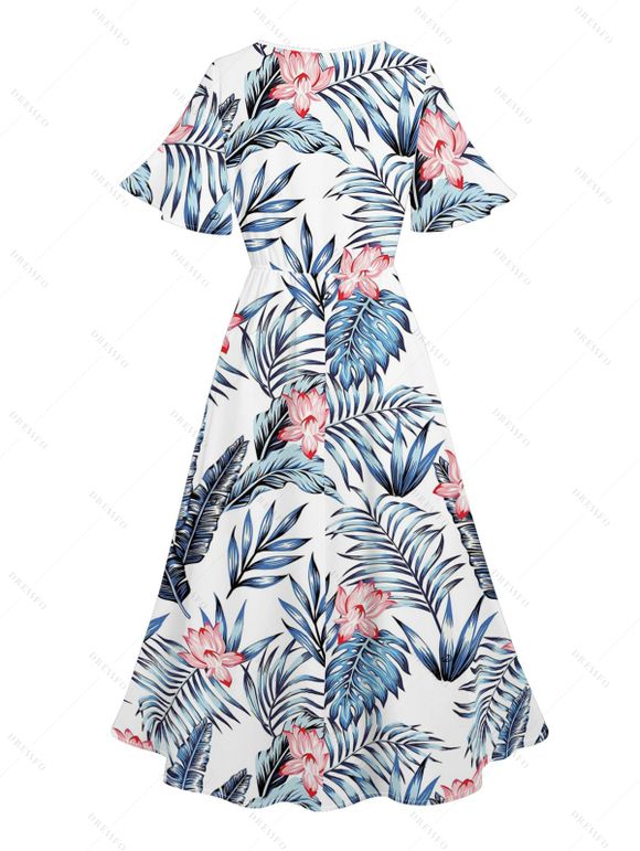 Wedding Couple Outfit Allover Floral Leaf Pattern Slit Tropical Plant Flare Sleeve Dress and Button Up Shirt Vacation Matching Outfit - Bleu S | US 4