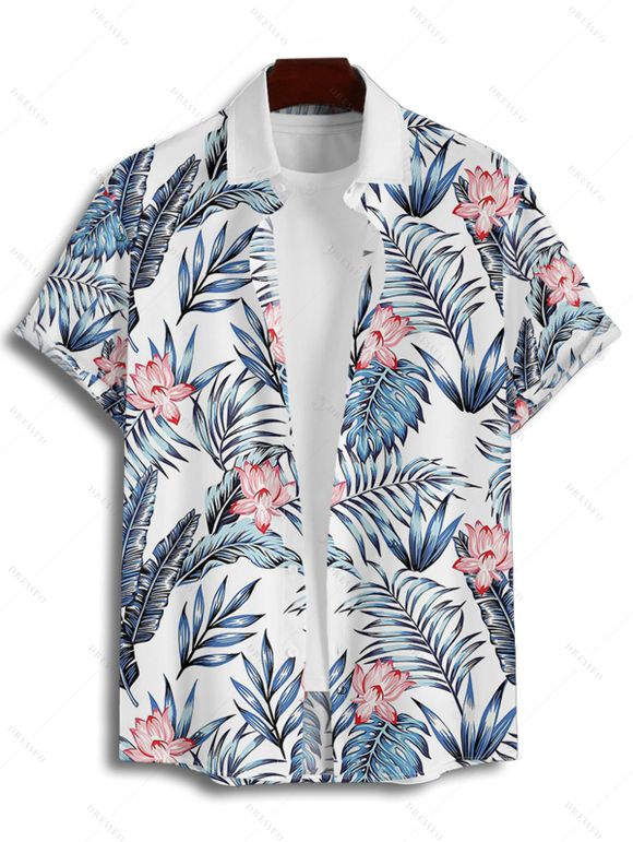 Chemise de mariage à motif floral et feuilles pour homme, décontractée, boutonnée, retroussée, manches courtes, motif plante tropicale - Bleu 4XL