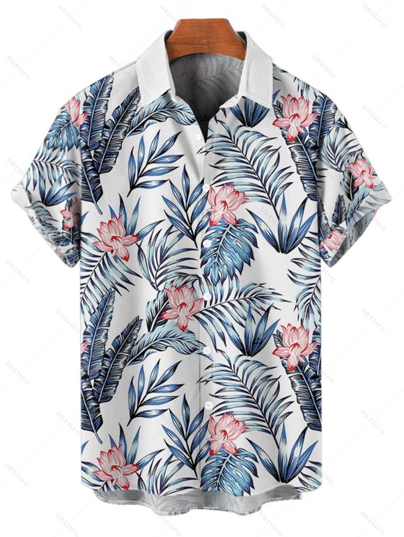 Wedding Couple Outfit Allover Floral Leaf Pattern Slit Tropical Plant Flare Sleeve Dress and Button Up Shirt Vacation Matching Outfit - Bleu S | US 4