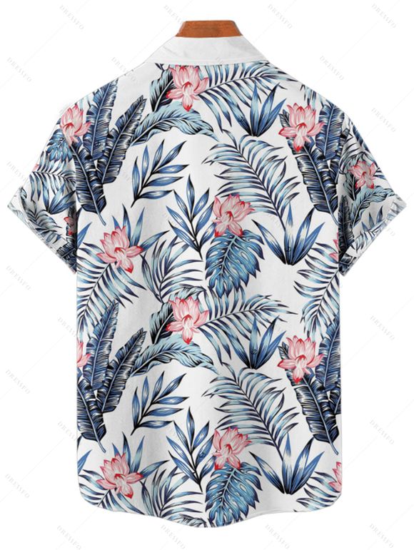 Wedding Couple Outfit Allover Floral Leaf Pattern Slit Tropical Plant Flare Sleeve Dress and Button Up Shirt Vacation Matching Outfit - Bleu S | US 4