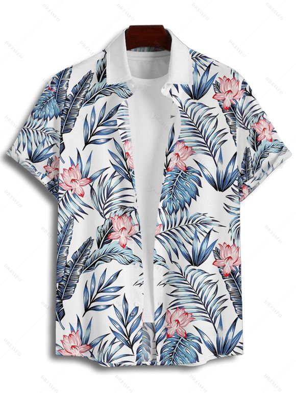 Wedding Couple Outfit Allover Floral Leaf Pattern Slit Tropical Plant Flare Sleeve Dress and Button Up Shirt Vacation Matching Outfit - Bleu S | US 4