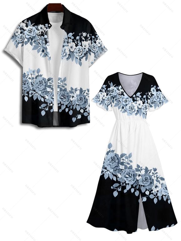 Vacation Couple Outfit Contrast Color Floral Leaf Pattern Slit Flare Sleeve V Neck A Line Midi Dress and Button Up Shirt Casual Matching Outfit - Noir S | US 4