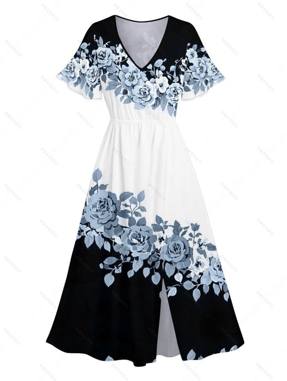 Vacation Couple Outfit Contrast Color Floral Leaf Pattern Slit Flare Sleeve V Neck A Line Midi Dress and Button Up Shirt Casual Matching Outfit - Noir S | US 4