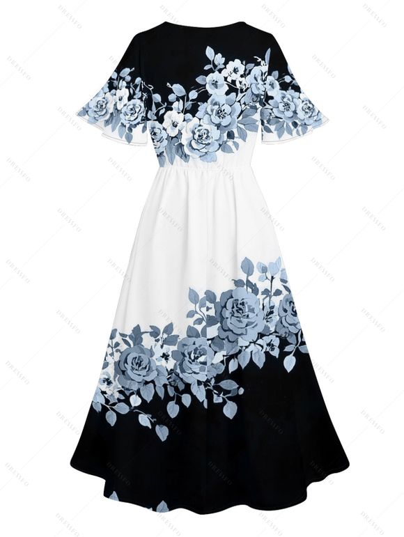 Vacation Couple Outfit Contrast Color Floral Leaf Pattern Slit Flare Sleeve V Neck A Line Midi Dress and Button Up Shirt Casual Matching Outfit - Noir S | US 4