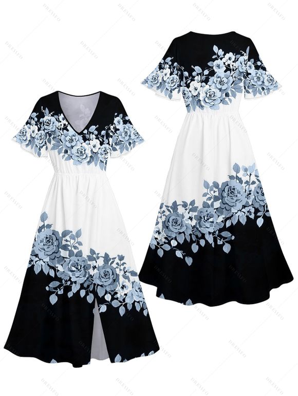 Vacation Couple Outfit Contrast Color Floral Leaf Pattern Slit Flare Sleeve V Neck A Line Midi Dress and Button Up Shirt Casual Matching Outfit - Noir S | US 4