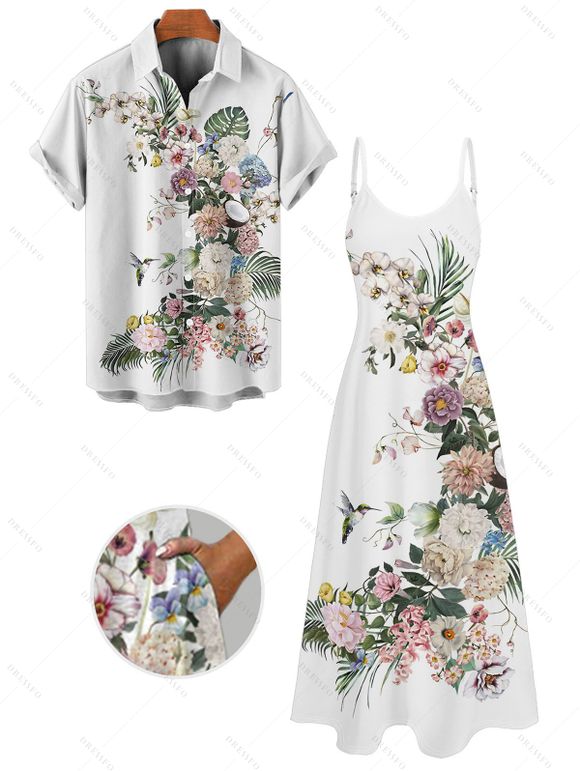 Wedding Couple Outfit Flower Leaf Pattern Pocket Adjustable Spaghetti Strap A Line Long Tank Dress and Button Up Shirt Vacation Matching Outfit - Blanc S | US 4