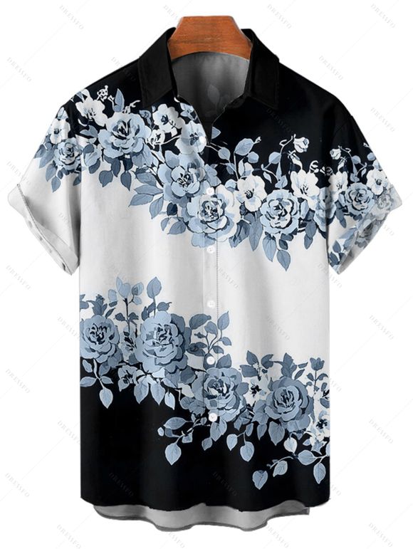 Vacation Couple Outfit Contrast Color Floral Leaf Pattern Slit Flare Sleeve V Neck A Line Midi Dress and Button Up Shirt Casual Matching Outfit - Noir S | US 4