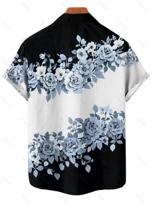 Vacation Couple Outfit Contrast Color Floral Leaf Pattern Slit Flare Sleeve V Neck A Line Midi Dress and Button Up Shirt Casual Matching Outfit - Noir S | US 4