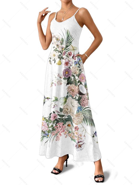 Wedding Couple Outfit Flower Leaf Pattern Pocket Adjustable Spaghetti Strap A Line Long Tank Dress and Button Up Shirt Vacation Matching Outfit - Blanc S | US 4